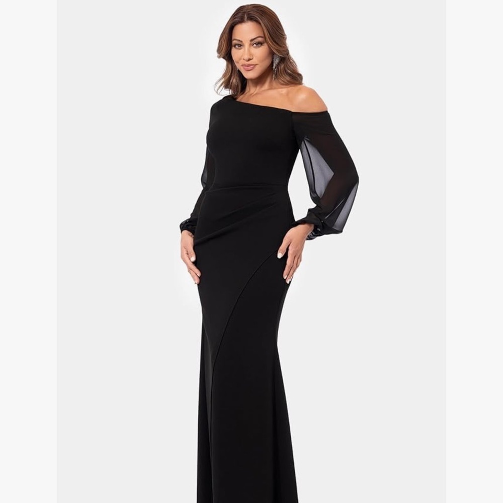 Betsy & Adam Elegant Black Off-Shoulder Evening Gown